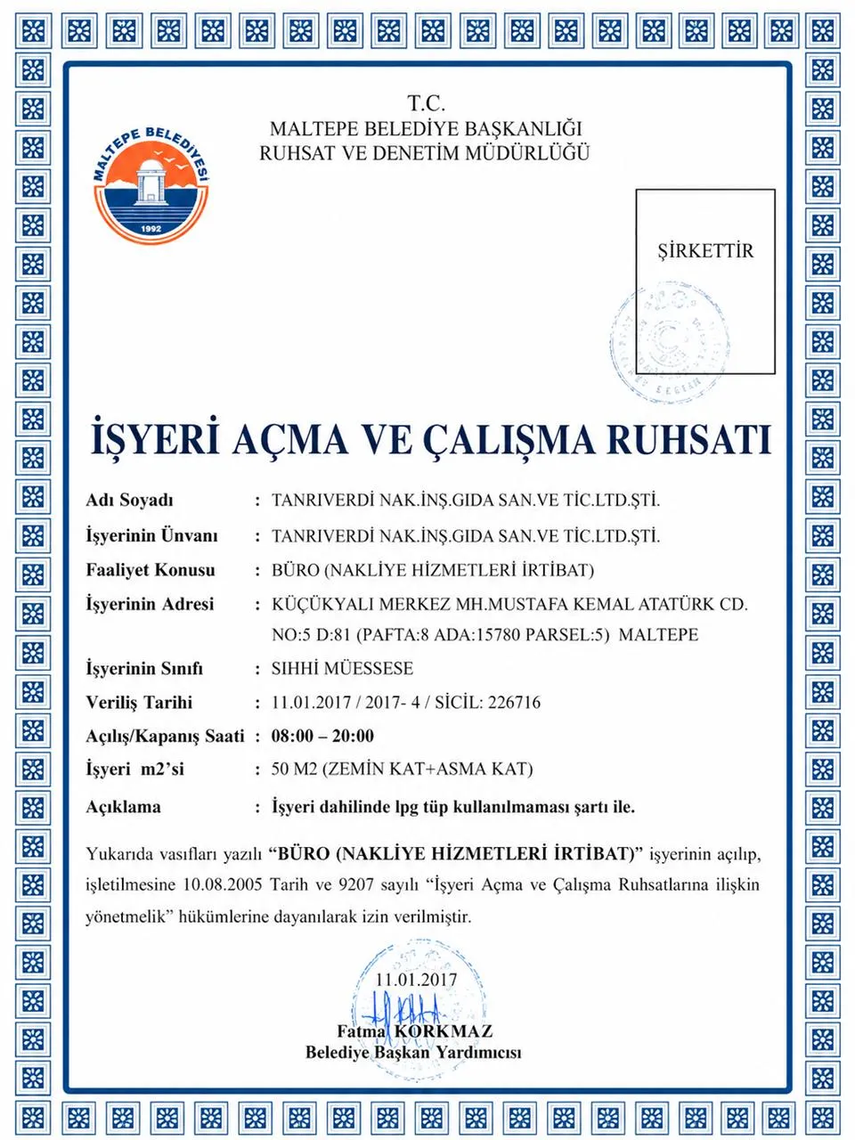 İş Yeri Açma ve Çalışma Ruhsatı