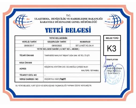 T.C. Ulaştırma Bakanlığı K3 Yetki Belgesi